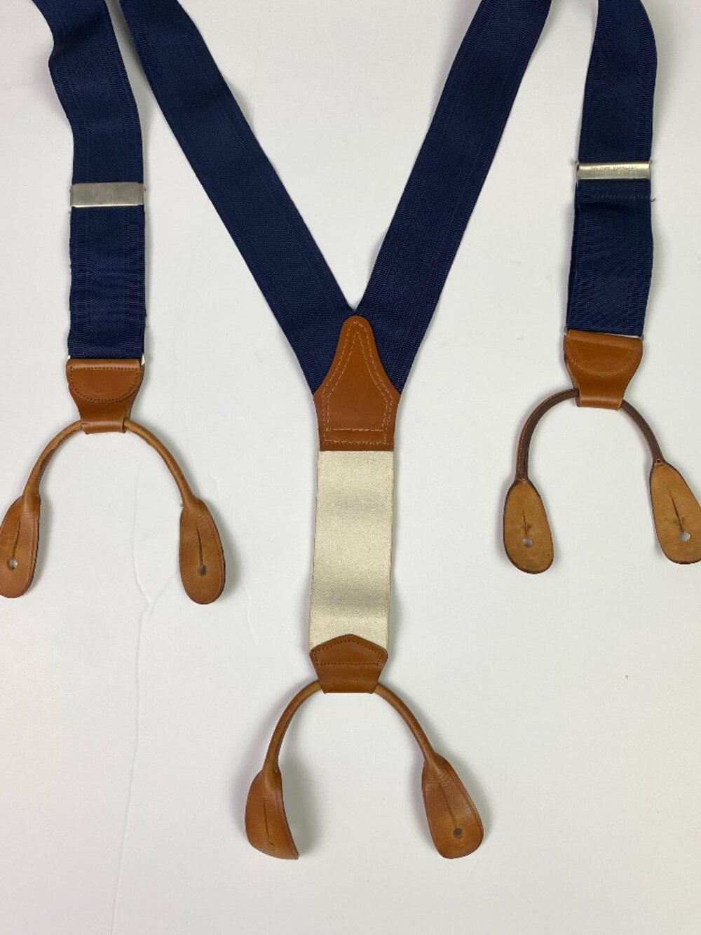 Vintage Brooks Brothers Suspenders Blue Y Back Leather Button Golden Fleece